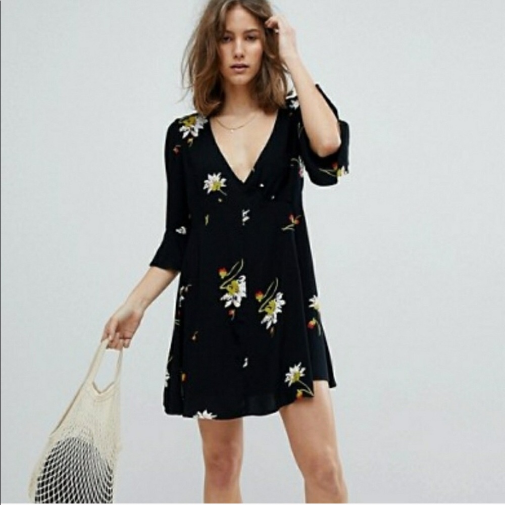 FREE PEOPLE TIME ON MY SIDE FLORAL WRAP DRESS BLACK XS ROMANTIC WHIMSIGOTH BOHO